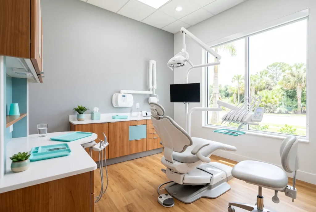 Bright, tidy dental treatment room in an emergency-focused Winter Haven dental office