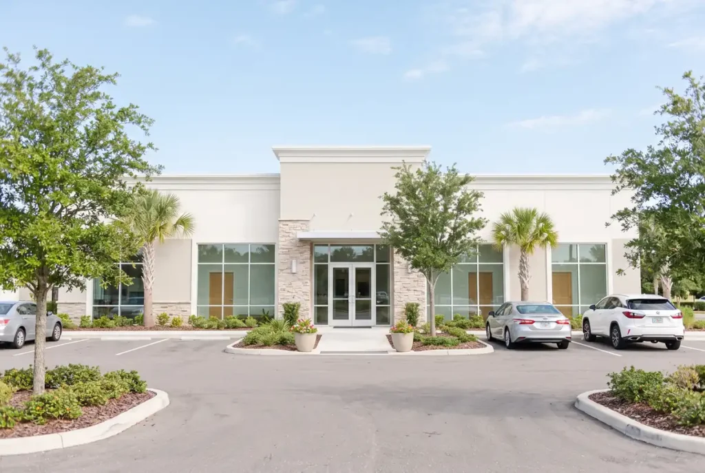 Sunny parking area and plain entrance walkway outside a Winter Haven office building