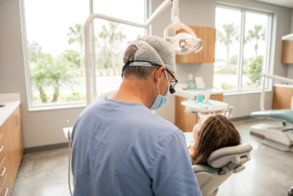 Dentista revisando a un paciente recostado durante un tratamiento urgente de absceso dental en Winter Haven