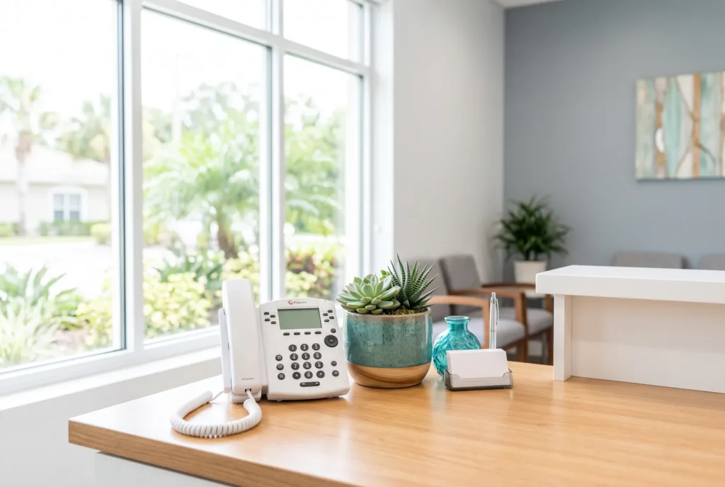 Front desk phone at a bright Winter Haven dental office where emergency questions are answered