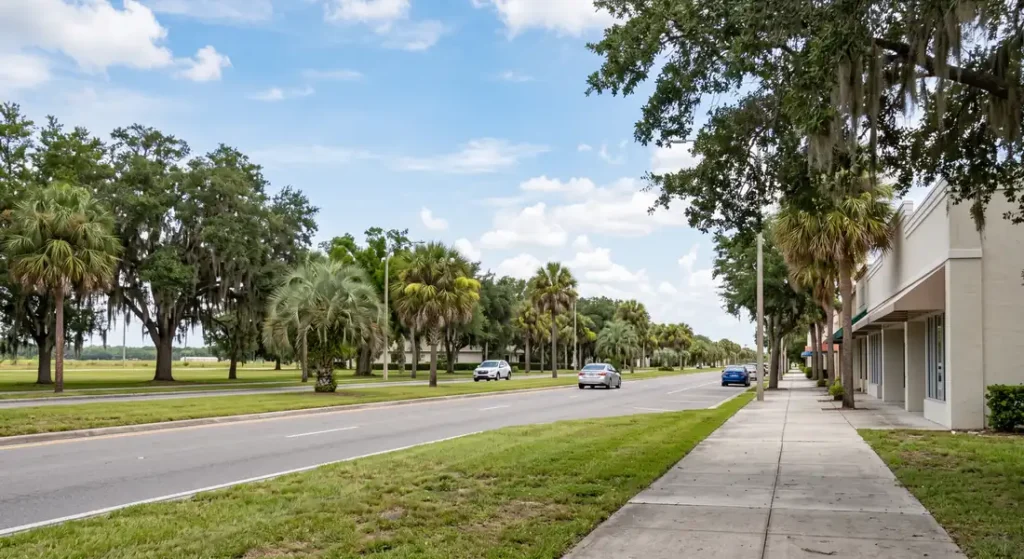 Wide Central Florida boulevard lined with oaks and palms under a blue sky, in the Winter Haven service area
