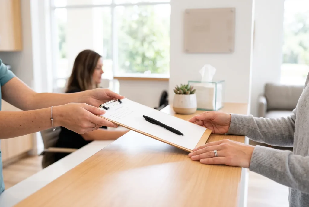 Paciente revisando un presupuesto de tratamiento por escrito en la recepción de un consultorio dental de Winter Haven