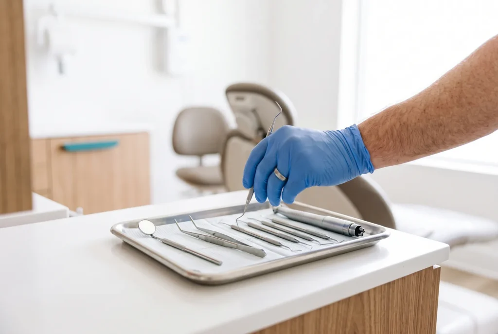 Instrumentos dentales esterilizados listos para una extracción de muela de emergencia en un consultorio luminoso de Winter Haven