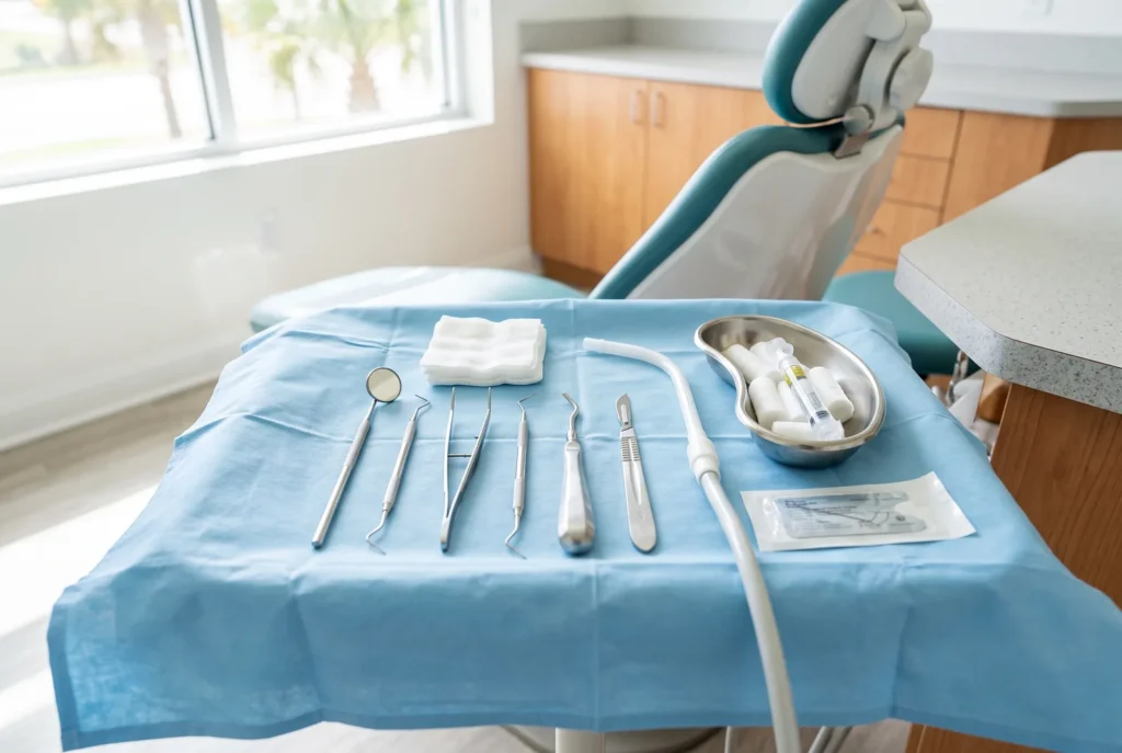 Surgical dental instruments and gauze prepared for an emergency wisdom tooth extraction in Winter Haven
