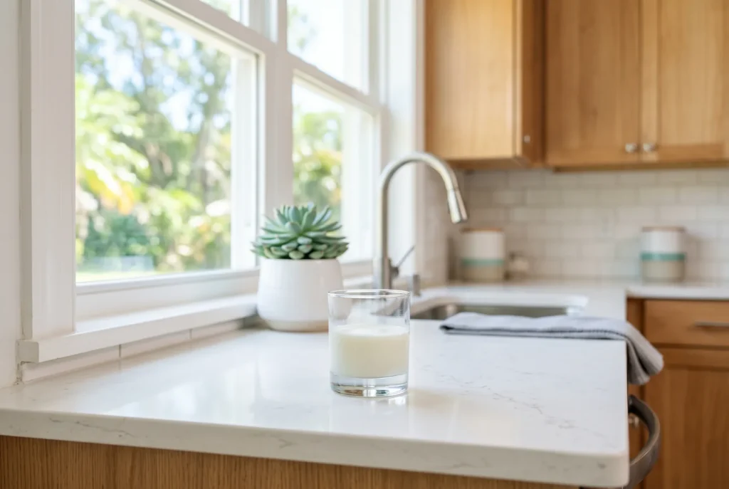 Small glass of milk on a kitchen counter, the right way to carry a knocked-out tooth to the dentist