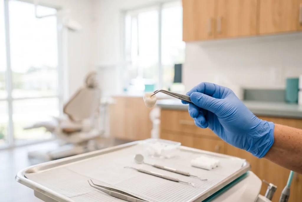 Dental crown held with tweezers in a bright Winter Haven treatment room