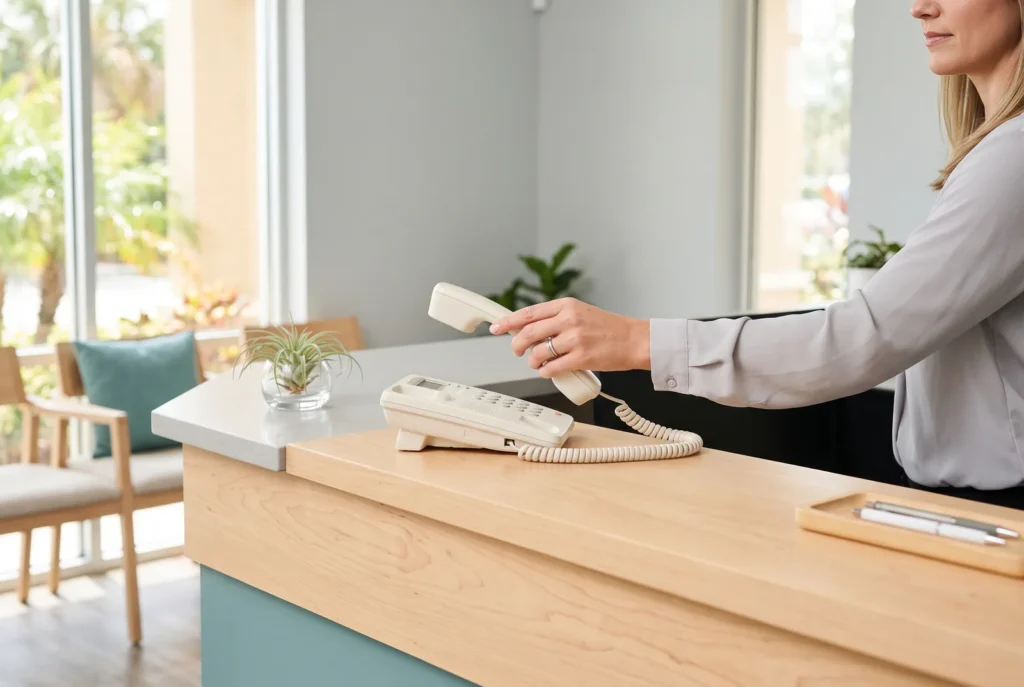 Front desk phone being answered at a bright dental office offering same-day appointments in Winter Haven