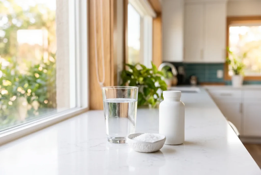 Warm salt-water rinse and pain reliever on a kitchen counter while waiting for a same-day toothache visit in Winter Haven
