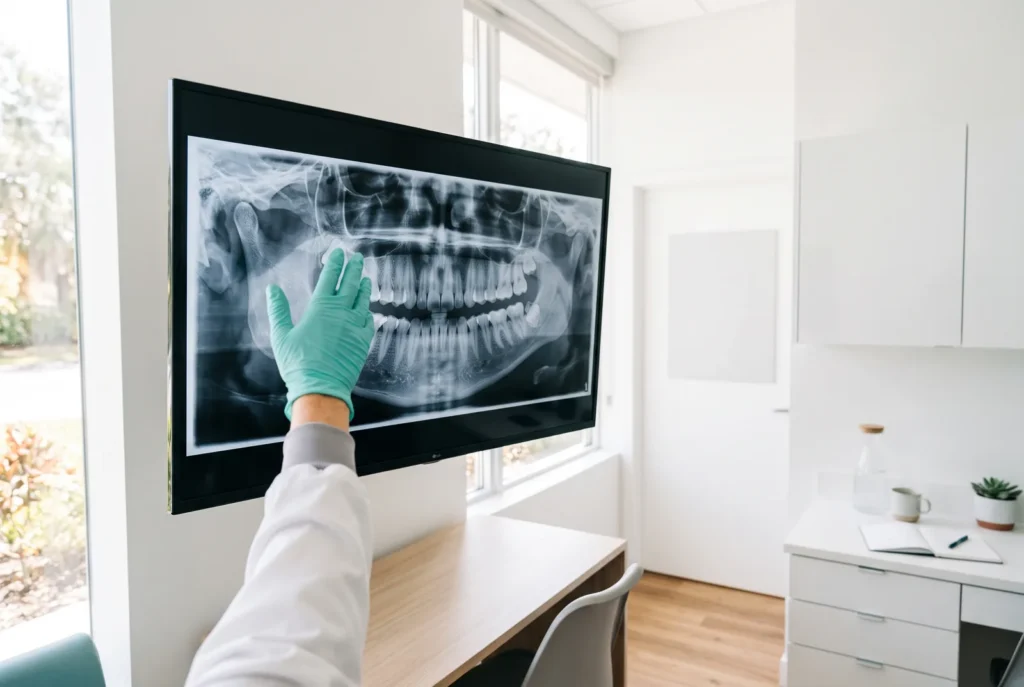 Panoramic dental X-ray on a monitor reviewed during a same-day wisdom tooth visit in Winter Haven